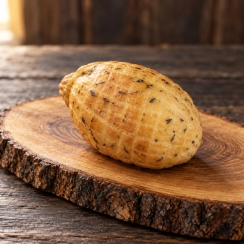 Swojski ser podpuszczkowy z macierzanką wędzony 350g na drewnianej desce z korą